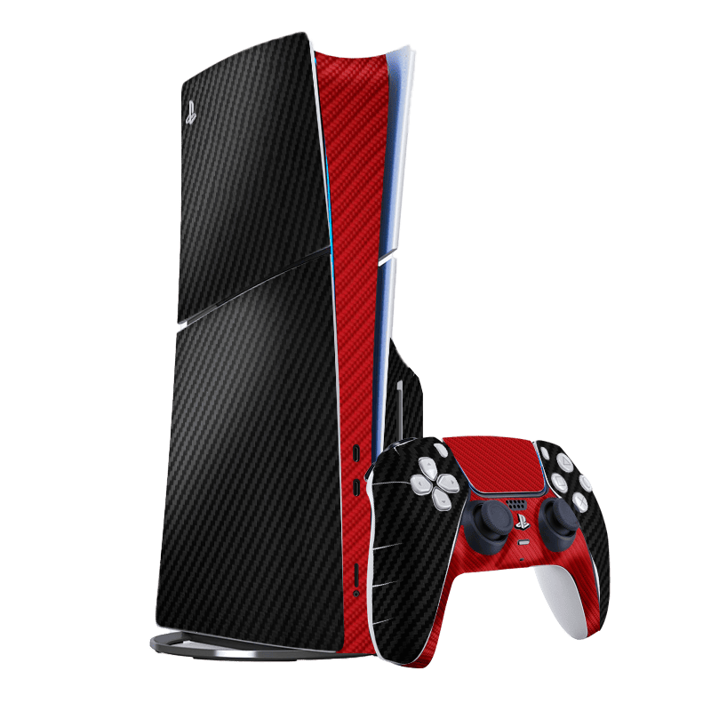 Fibra Carbono Negro & Rojo Skin Playstation 5 Slim