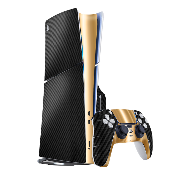 Fibra Carbono Negro & Dorado Skin Playstation 5 Slim Xonebrand