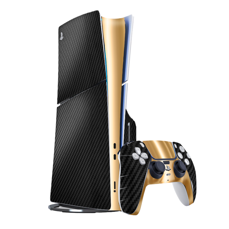 Fibra Carbono Negro & Dorado Skin Playstation 5 Slim Xonebrand