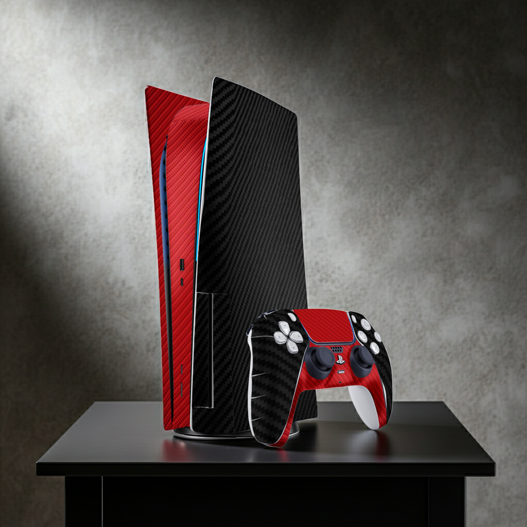 Fibra Carbono Negro & Rojo Skin Playstation 5 Fat